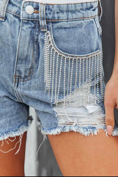 Rhinestone Fringe Distressed Denim Shorts - Byyde