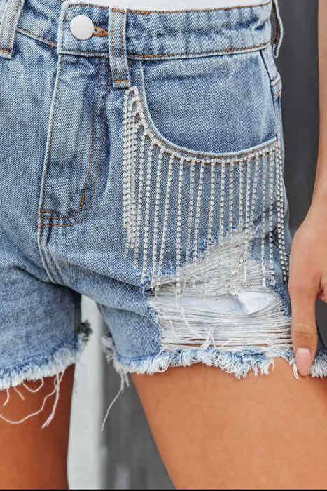 Rhinestone Fringe Distressed Denim Shorts - Byyde