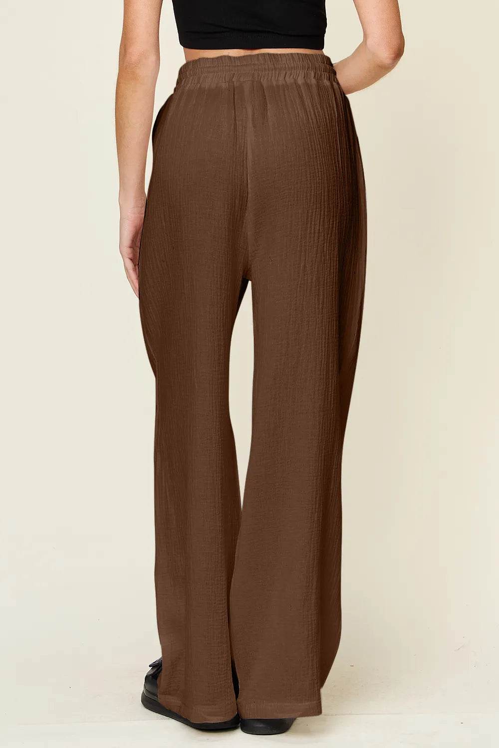 Double Take Full Size Texture Drawstring Wide Leg Pants - Byyde
