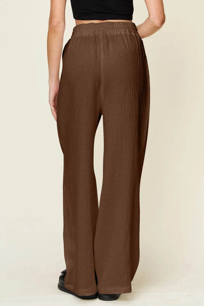 Double Take Full Size Texture Drawstring Wide Leg Pants - Byyde