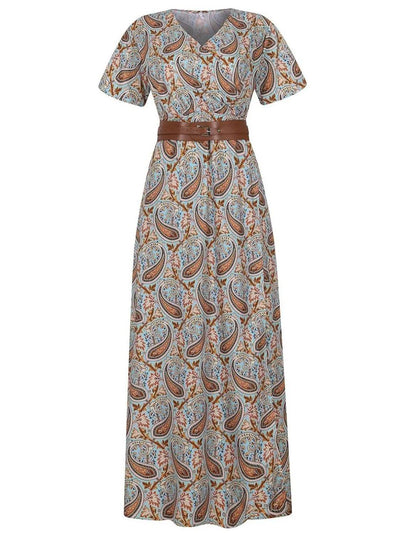 Full Size Printed V-Neck Short Sleeve Maxi Dress Plus Size - Byyde