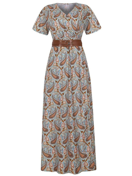 Full Size Printed V-Neck Short Sleeve Maxi Dress Plus Size - Byyde