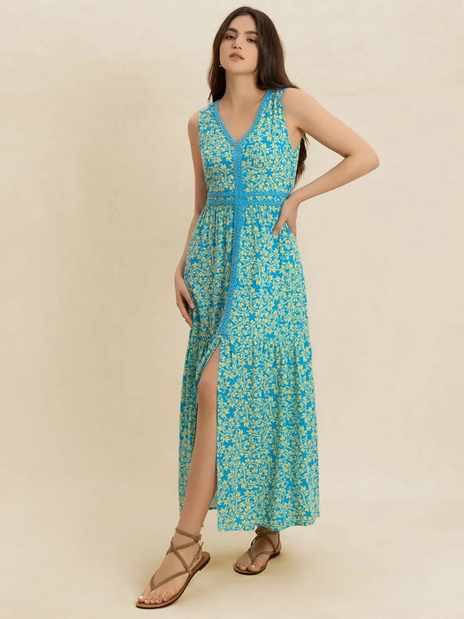 Slit Printed V-Neck Sleeveless Dress - Byyde