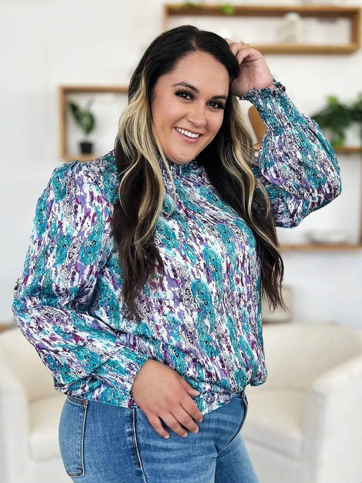 Double Take Full Size Printed Smocked Long Sleeve Blouse - Byyde