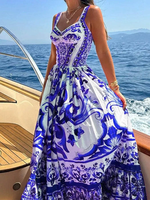 Full Size Printed Sweetheart Neck Maxi Cami Dress Plus Size - Byyde