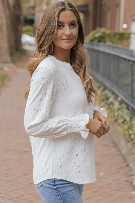 Openwork Notched Flounce Sleeve Blouse - Byyde