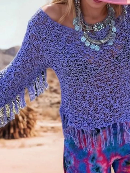 Tassel Boat Neck Knit Cover Up - Byyde