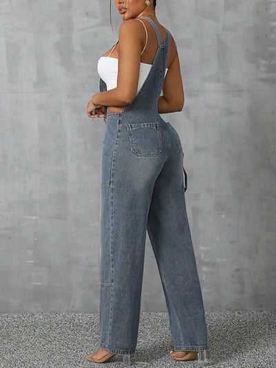 Zip Front Wide Strap Denim Overalls - Byyde