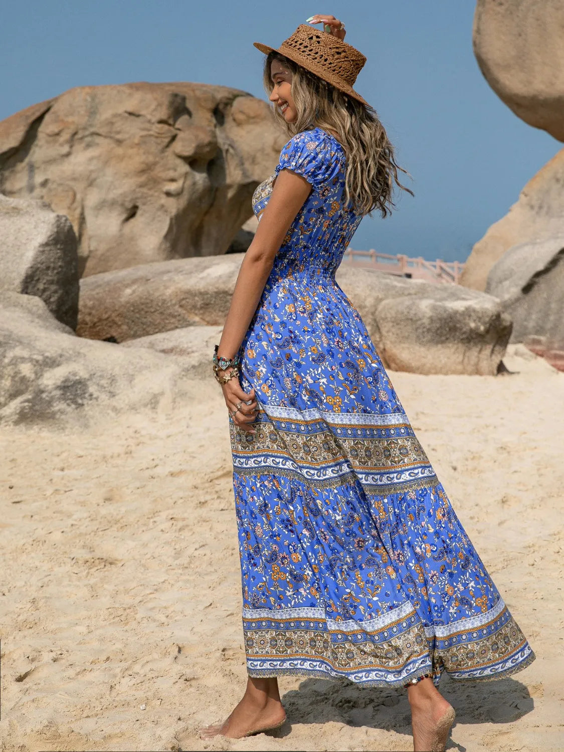 Printed V-Neck Cap Sleeve Midi Dress - Byyde