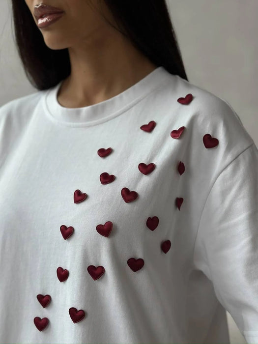 Plus Size Heart Round Neck Short Sleeve T-Shirt - Byyde