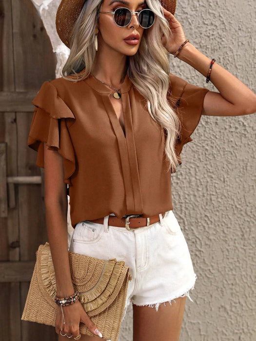Ruffle Sleeve Notched Blouse - Byyde