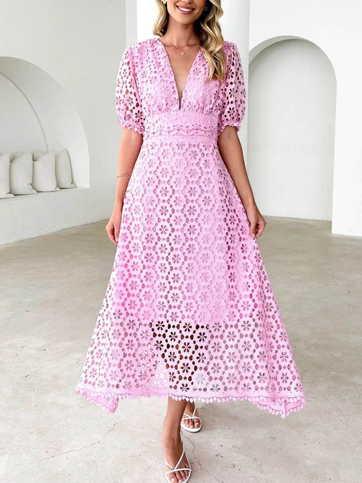 Eyelet Lace V-Neck Midi Dress with Puff Sleeves - Byyde