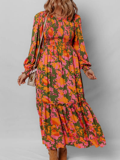 Smocked Floral Print Long Sleeve Maxi Dress - Byyde