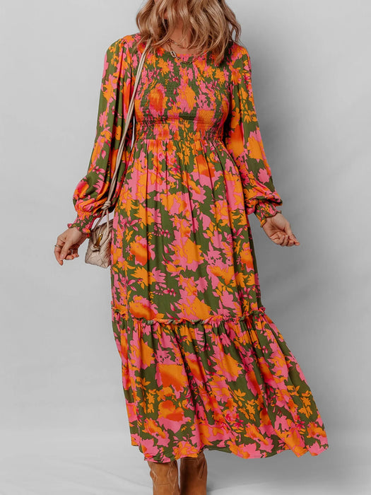 Smocked Floral Print Long Sleeve Maxi Dress - Byyde