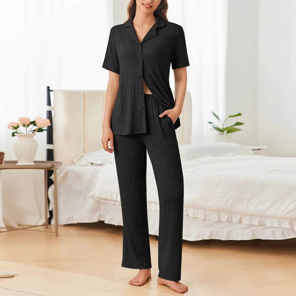 Button Down Long Sleeve Top and Pants Lounge Set - Byyde