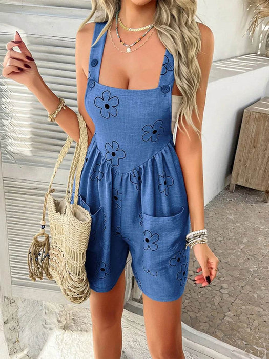 Devine Flower Wide Strap Overalls with Pockets - Byyde