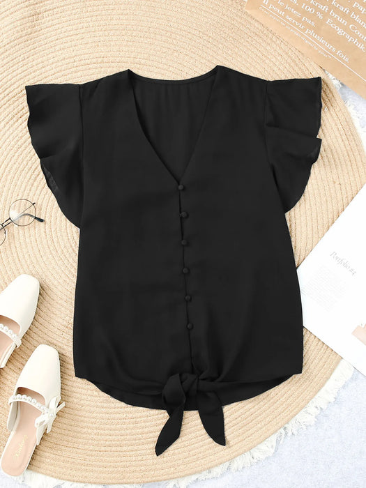 V-Neck Tie-Front Flutter Sleeve Blouse - Byyde