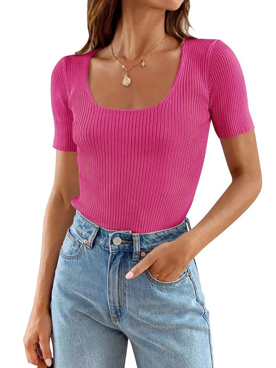 Ribbed Square Neck Short Sleeve Knit Top - Byyde