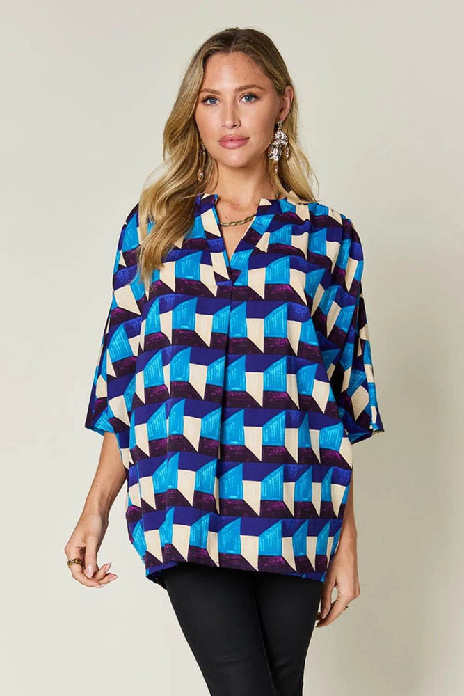 Double Take Full Size Geometric Notched Half Sleeve Blouse - Byyde