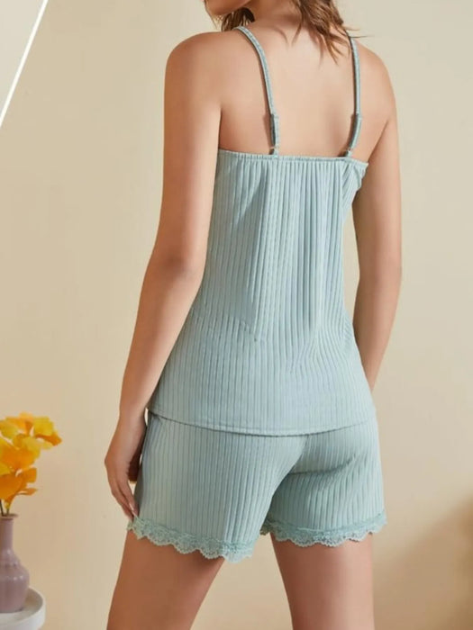 Lace-Trimmed Ribbed Cami and Shorts Lounge Set - Byyde