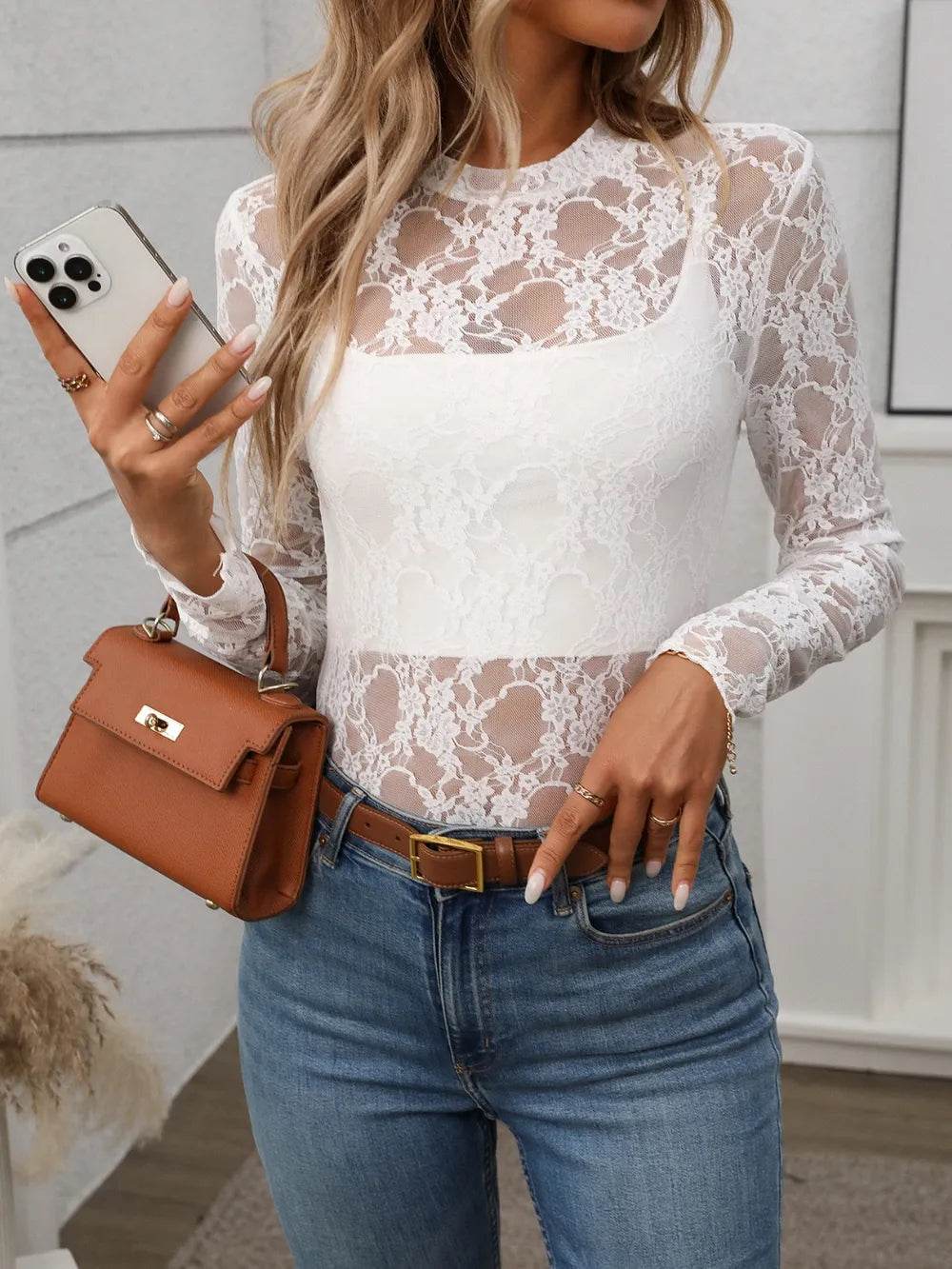Floral Mock Neck Long Sleeve Mesh Top - Byyde