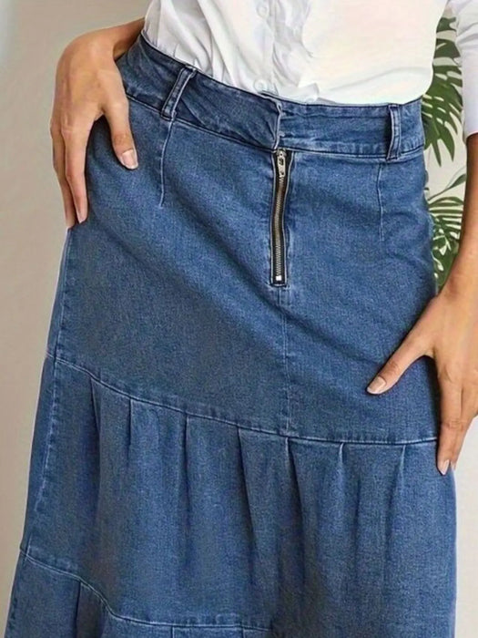 Tiered Maxi Denim Skirt with Zipper Detail - Byyde