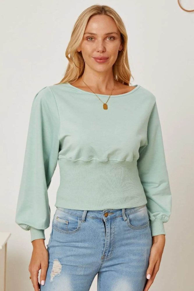 Boat Neck Lantern Sleeve Blouse - Byyde