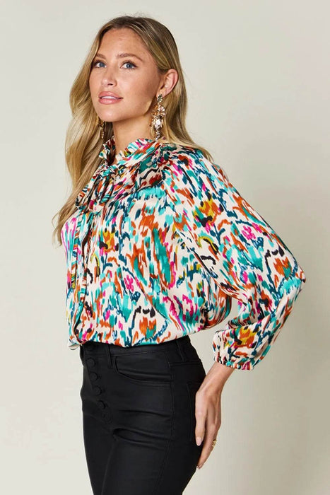 Double Take Full Size Printed Button Up Long Sleeve Shirt - Byyde