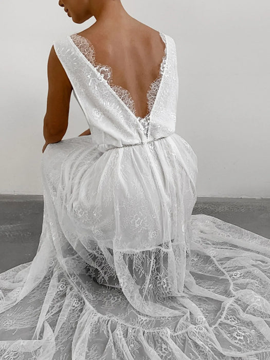 Lace Deep V-Neck Maxi Dress - Byyde