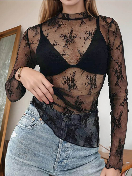Floral Mock Neck Long Sleeve Mesh Top - Byyde