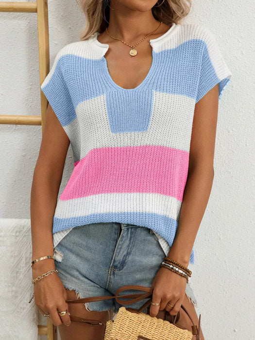 Color Block Notched Short Sleeve Knit Top - Byyde