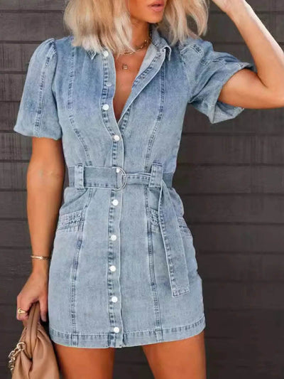 Button-Up Puff Sleeve Denim Shirt Dress - Byyde