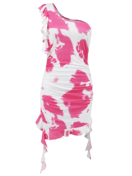 Ruffled Tie-Dye Single Shoulder Mini Dress - Byyde