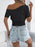 Openwork Single Shoulder Short Sleeve Knit Top - Byyde