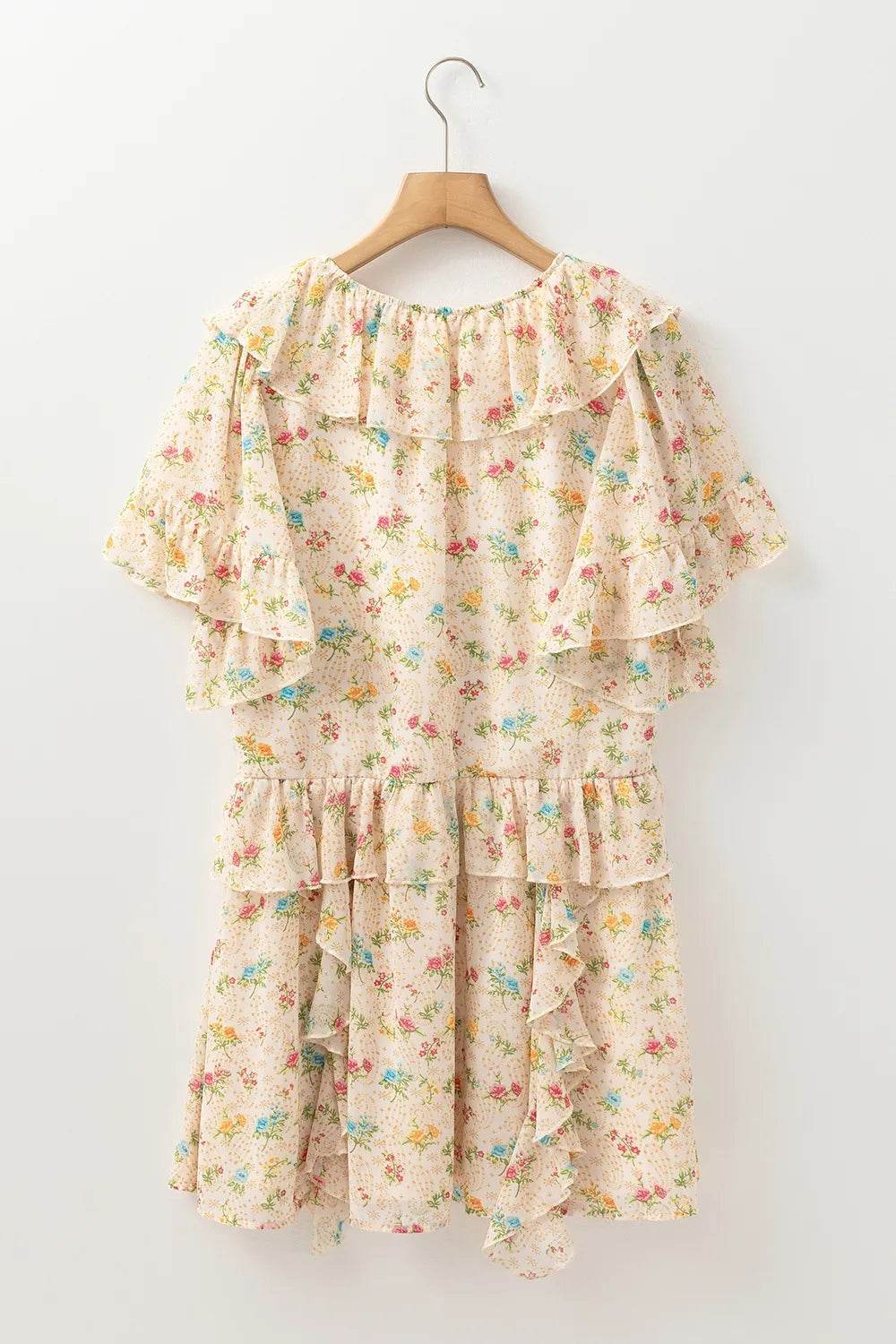 Boho Floral Tassel Tie V Neck Ruffle Wide Sleeve Mini Dress - Byyde
