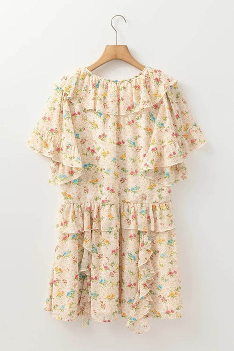 Boho Floral Tassel Tie V Neck Ruffle Wide Sleeve Mini Dress - Byyde