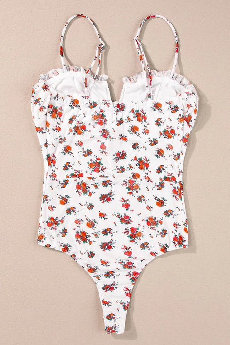Floral Frilled Trim Spaghetti Straps Bodysuit - Byyde