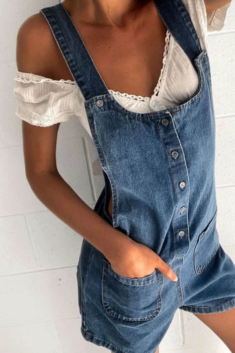 Button Front Denim Overall Shorts with Front Pockets - Byyde