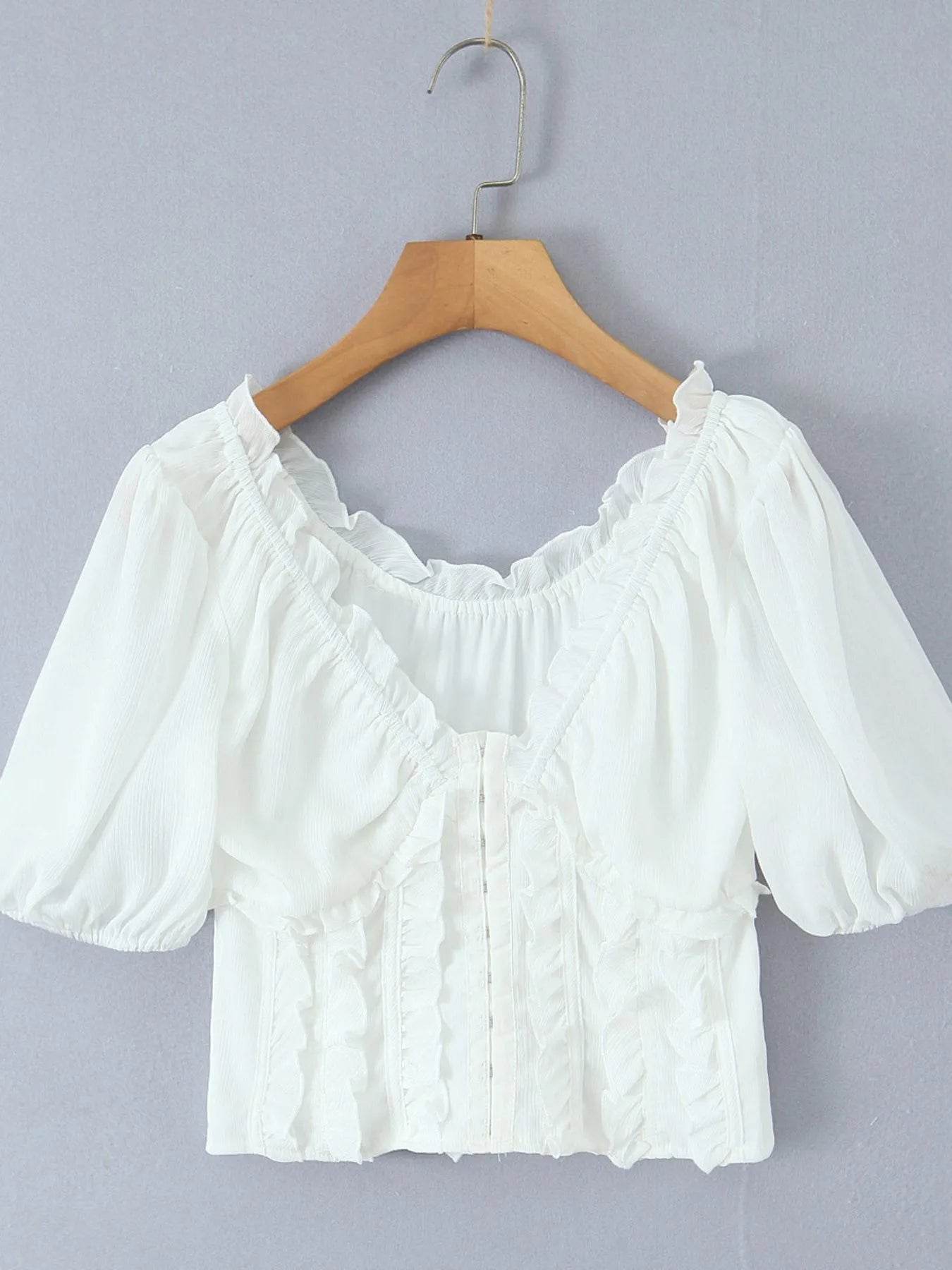 Frill V-Neck Puff Sleeve Blouse - Byyde