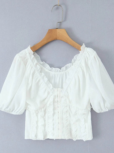 Frill V-Neck Puff Sleeve Blouse - Byyde