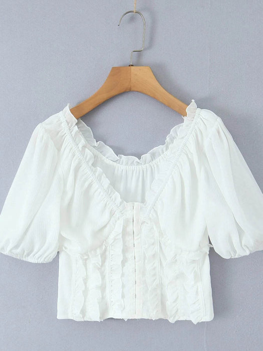Frill V-Neck Puff Sleeve Blouse - Byyde