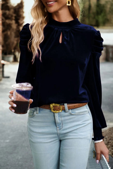 Tie Up Mock Neck Velvet Fabric Long Sleeve Blouse - Byyde