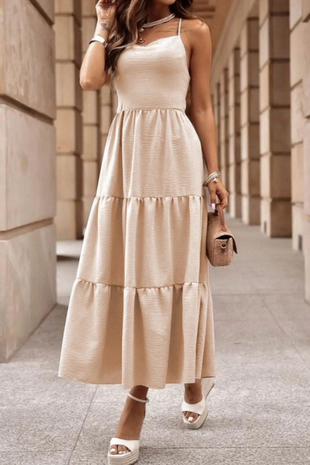 Tiered Crisscross Spaghetti Strap Dress - Byyde