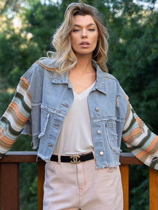 Distressed Striped Long Sleeve Denim Jacket - Byyde