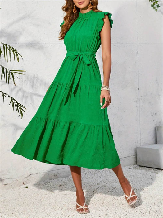 Frill Mock Neck Ruffled Cap Sleeve Midi Dress - Byyde