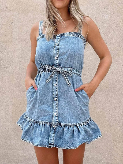 Casual Ruffled Hem Denim Mini Dress with Tie Waist - Byyde