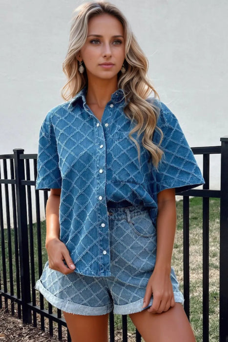 Pocketed Collared Neck Short Sleeve Womens Denim Shirt – Stylish Ladies Denim Shirt - Byyde