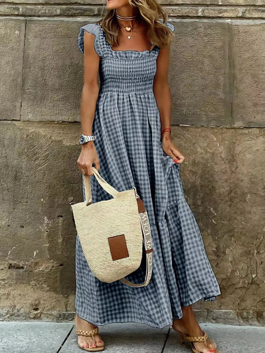 Smocked Gingham Maxi Dress with Ruffle Straps - Byyde