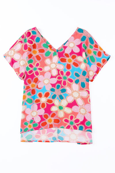 High-Low V-Neck Short Sleeve Blouse - Byyde