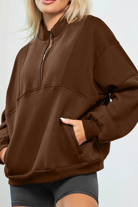 Half Zip Drop Shoulder Long Sleeve Sweatshirt - Byyde